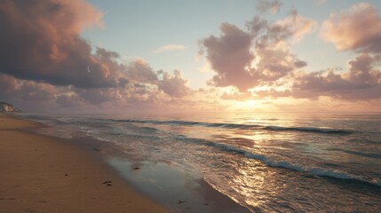 Fototapeta premium A breathtaking view of the beach during a dreamy sunrise with golden light