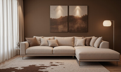Mocha Musse accent wall painted in deep, muted brown, creating a cozy, intimate feel in a modern living room.