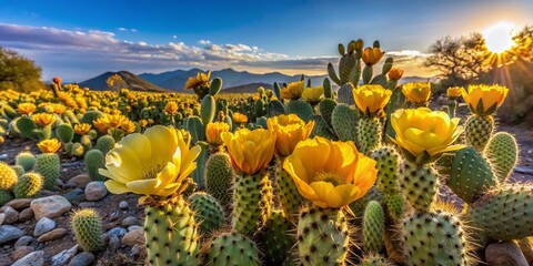 Aerial View of Vibrant Yellow Prickly Pear Cactus Blossoms in Full Bloom