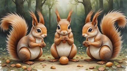 watercolor painting of a group of squirrel holding an acorn, with a forest background.