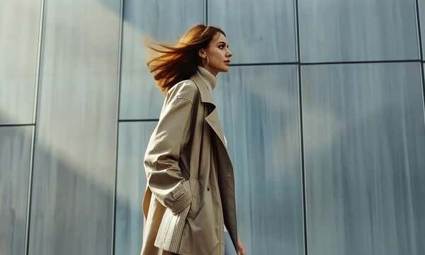 Stylish woman in a trench coat walking against a modern building backdrop with sunlight