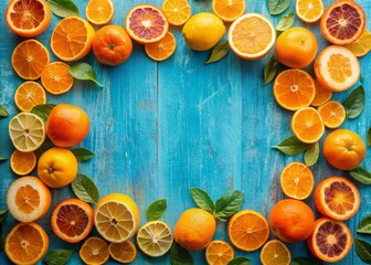 Aerial View: Orange & Apricot Frame on Blue Background - Fresh Fruit Summer Design