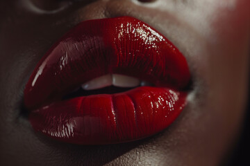 Fototapeta premium Extreme close-up of a woman's lips wearing glossy cherry red lipstick