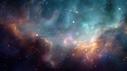 Naklejka premium A mesmerizing nebula, a cosmic cloud of gas and dust illuminated by starlight. Its vibrant colors, swirling shapes, and distant stars create a stunningly beautiful display of celestial wonders. 