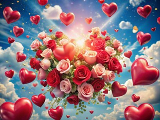 Aerial View: Romantic Heart & Rose Celebration - Blue Sky Background