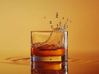 Orange Whiskey Splash: Luxurious and Stylish Drink Photography with Ice and Reflection
