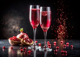 Aerial View: Two Pink Champagne Glasses with Pomegranate, Black Background