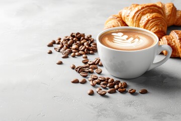 Cup of latte coffee with heart shaped latte design and crispy croissants on light background with space for text.