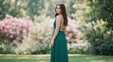 Elegant Woman in Green Dress Standing in Blooming Garden