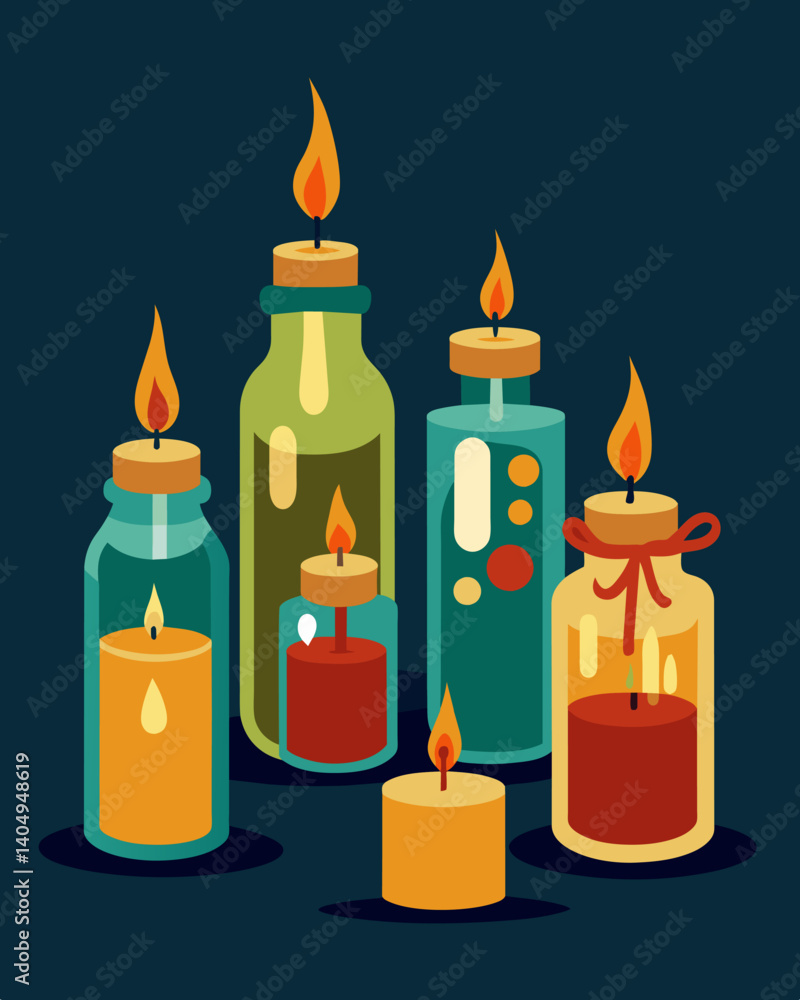 Poster a set of handcrafted candles poured into glass jars made from repurposed wine bottles.. vector illus
