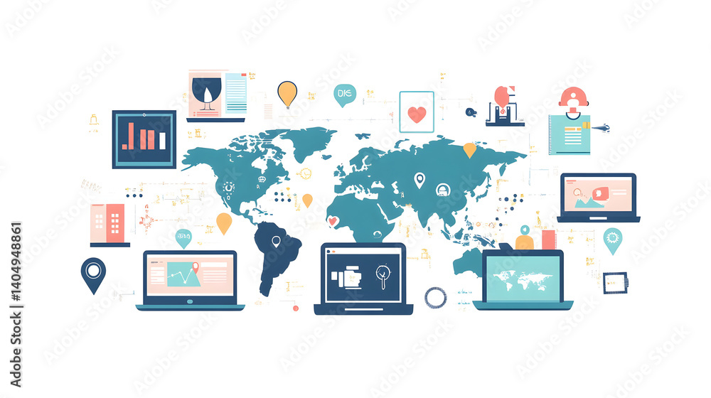 Poster global connectivity: seamless connections across the globe, visualized with laptops and icons symbol