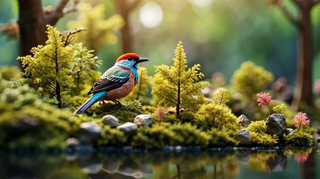 Spring miniature forest landscape with a beautiful little colorful bird sitting on green grass with trees on background