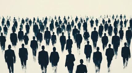 A dense crowd of silhouetted figures, appearing as brushstrokes, fills the frame in a monochromatic style. It evokes a sense of anonymity and mass