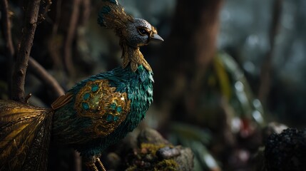 Naklejka premium A golden and turquoise peacock, a mythical creature with iridescent feathers, perches in a forest setting. The bird's intricate plumage and piercing gaze convey a sense of wonder and mystery.