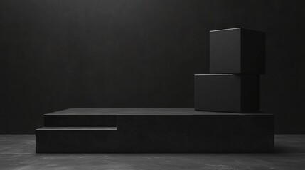 Minimalist black product display podium with geometric shapes on a dark background for branding mockups.