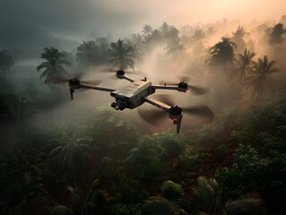Fototapeta premium Drones with advanced lidar scan tropical rainforests, mapping biodiversity and deforestation, showcasing cutting-edge tech for nature conservation, ecological research, and forest preservation.