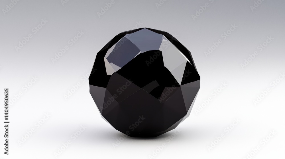 Poster a 3d rendering of a black sphere with faceted edges.