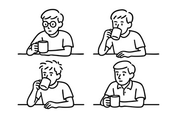 man drink coffee doodle cartoon drawing vector illustration set with Varied Poses and Expressions