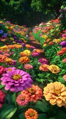 Walking Path Through Colorful Zinnia Flower Garden in Lush Green Nature