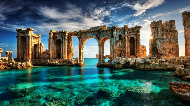 Beauty of the ruins of ancient Atlantis on the sea coast, Greek old architecture and culture, mithes
