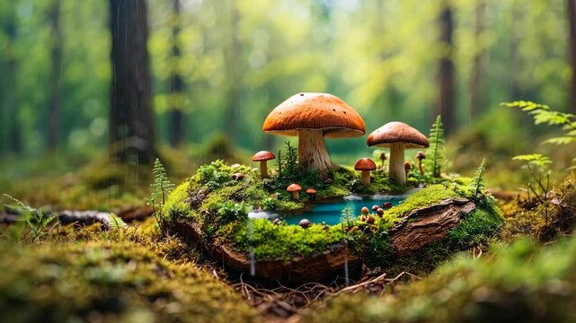 Mushrooms boletus cap group in the forest green grass, Miniature landscape, spring,  forest 3D stereoscopic effect
