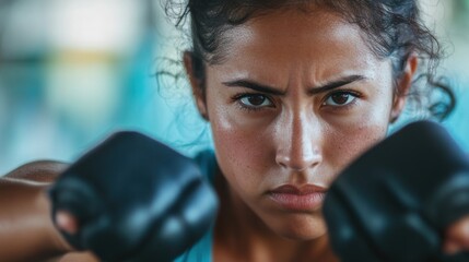 focused hispanic woman with boxing gloves in intense action stance, expressing determination and strength. fitness and sports. motivation, gym advertisement, boxer workout