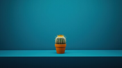 A small cactus in a terracotta pot sits on a blue shelf against a blue background.