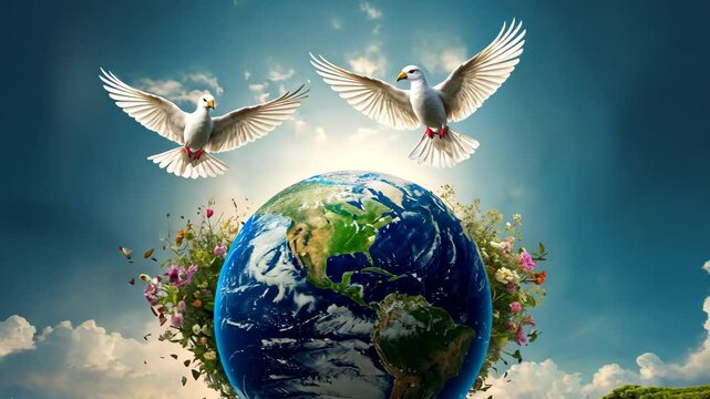 3d Miniature of the Earth with white dove flying near, symbolizing care and responsibility for our planet. Peace concept