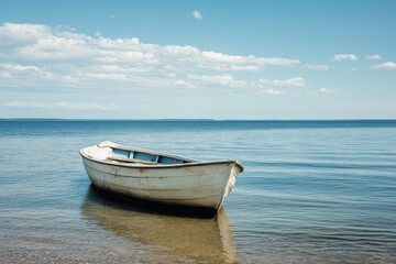 Naklejka premium Old boat on calm lake, serene scene