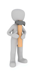 Fototapeta premium A gray figure stands holding a hammer with a wooden handle, set against a bright white background. The figure is faceless and simple.