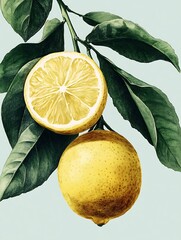 Lemon slice on branch, light background