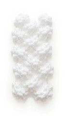 Soft white woven material displays an abstract pattern of fluffy, interconnected sections, set against a clean, neutral background.