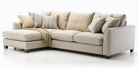 Obraz premium Beige Sectional Sofa with Pillows, Isolated on White Background - Modern Furniture Stock Photo