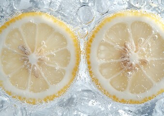 Lemon slices in water, ice background