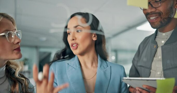 Meeting, glass wall and team of business people in office with research for creative project at agency. Collaboration, writing and group of editors working on magazine with strategy in workplace.