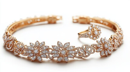 Elegant yellow gold jewelry set with brilliant diamonds, including a necklace, earrings, and ring, isolated on a white background