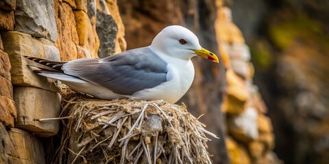 Black-legged Kittiwake Bird on Cliff Nest - Macro Wildlife Photography