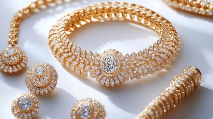 Luxurious yellow gold jewelry set with brilliant diamonds, including a necklace, bracelet, and earrings, set against a white backdrop