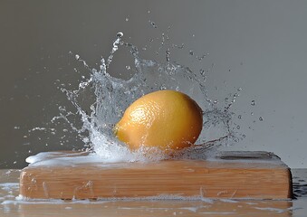 Lemon Splash on Wooden Cutting Board