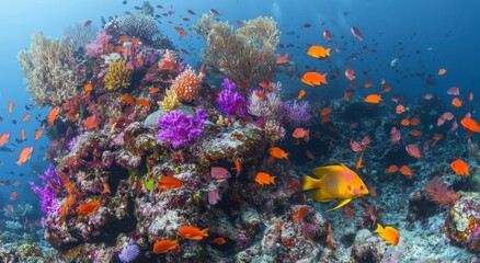 Naklejka premium Exploring Vivid Coral Reef with Abundant Anthias Fish in Tropical Waters