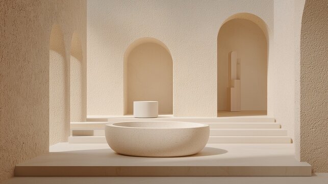 A minimalist white room with a large white bowl in the center.