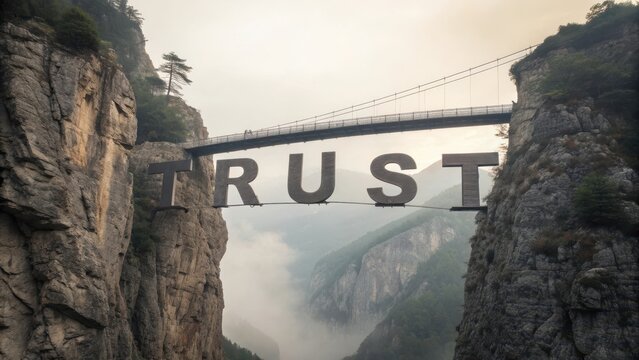 Suspended bridge featuring the word "TRUST" amidst rocky cliffs and misty landscape.