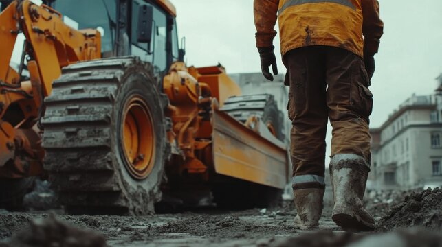 Heavy machinery operator controlling bulldozer for site grading. Featuring expertise and control