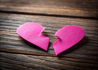 Fototapeta premium Broken Pink Heart, Valentine's Day Heartbreak, Rejected Love, Sadness, Dark Wood Table