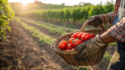 A farmer carries a basket of fresh, red tomatoes in a field, filled with sunlight.