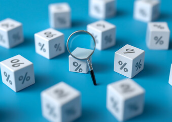 White cubes with percent signs on a blue background and a magnifying glass over one cube, a concept of financial analytics or purposes such as analyzing