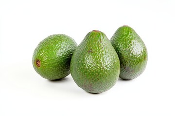 Three ripe avocados on white background