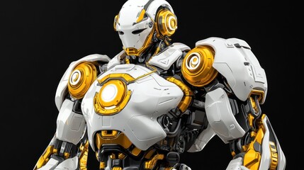 Futuristic white robot with gold accents, studio shot