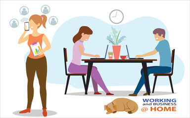 Working and business at home concept design. Freelance woman work at her house, dressed in home clothes. Vector illustration isolated on white background. Online working, business at home office.