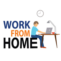  Work from Home lettering- Icon, Sign or Symbol. Stick figure sitting on a ' E' at home behind desk and writing on laptop computer. stay at home, work from home concept